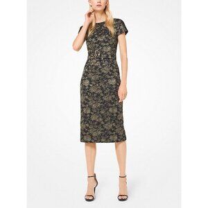Michael Kors Collection Size 12 Black Gold Metallic Floral Jacquard Sheath Dress
